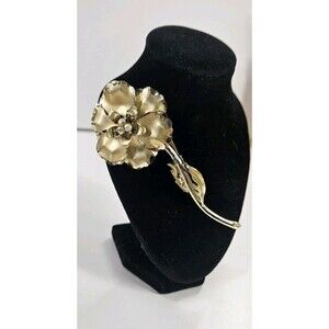 Vintage Single Stem High Relief Rose AB Rhinestone Gold Tone Pin‎ Brooch 4"